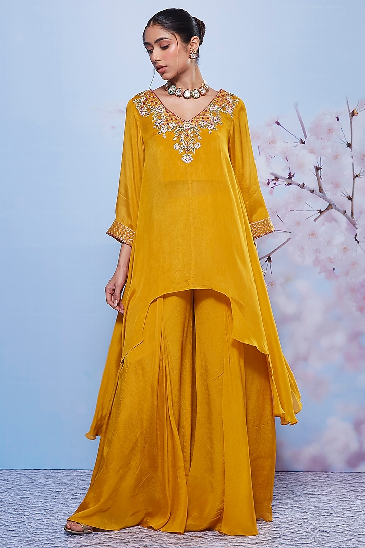Mustard Chiffon & Cotton Lycra Party Wear Sharara Set by Ajiesh Oberoi at Pernia's Pop Up Shop