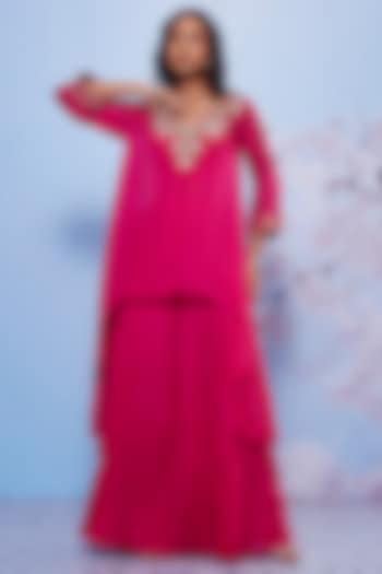 Rani Pink Chiffon & Cotton Lycra Party Wear Sharara Set by Ajiesh Oberoi at Pernia's Pop Up Shop