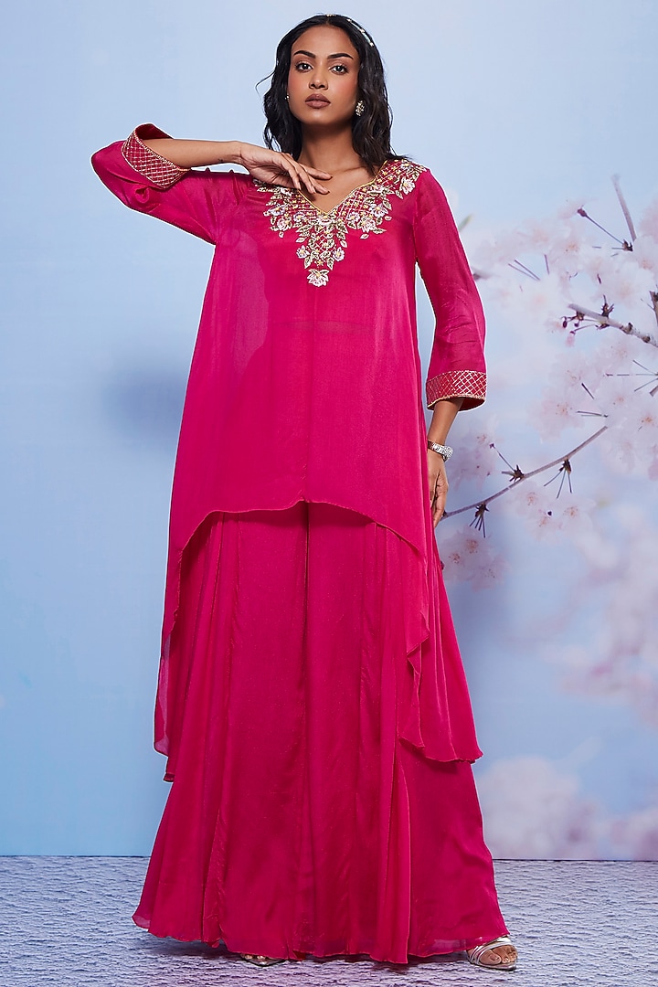Rani Pink Chiffon & Cotton Lycra Party Wear Sharara Set by Ajiesh Oberoi at Pernia's Pop Up Shop