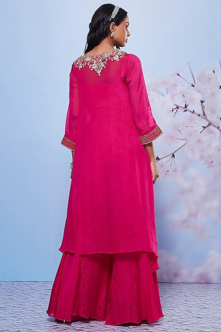Rani Pink Chiffon & Cotton Lycra Party Wear Sharara Set by Ajiesh Oberoi at Pernia's Pop Up Shop