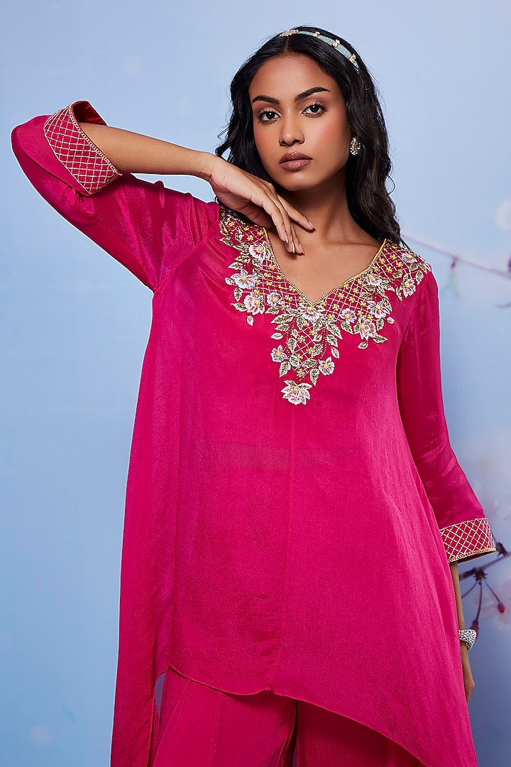 Rani Pink Chiffon & Cotton Lycra Party Wear Sharara Set by Ajiesh Oberoi at Pernia's Pop Up Shop
