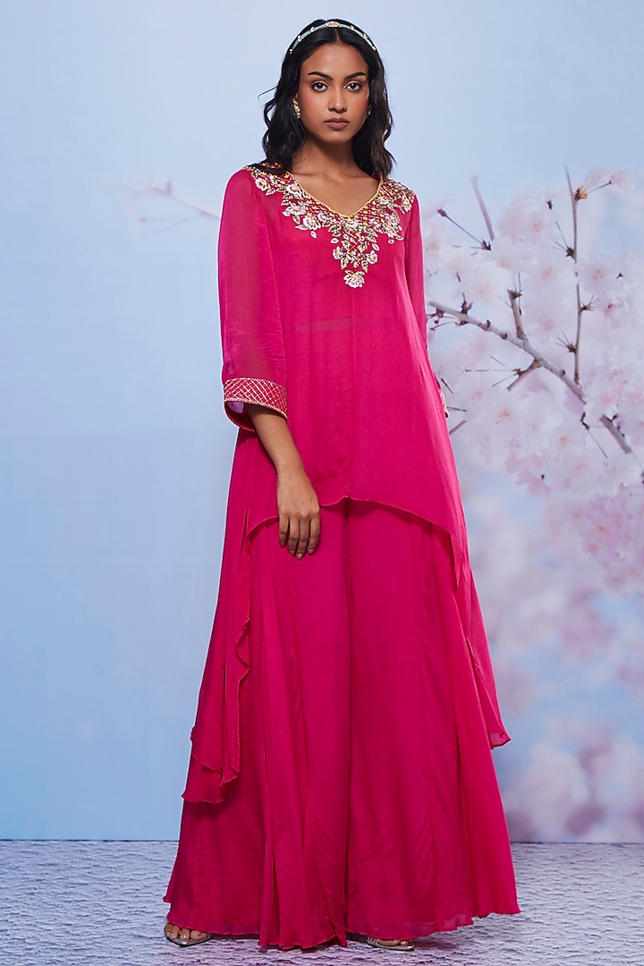 Rani Pink Chiffon & Cotton Lycra Party Wear Sharara Set by Ajiesh Oberoi at Pernia's Pop Up Shop