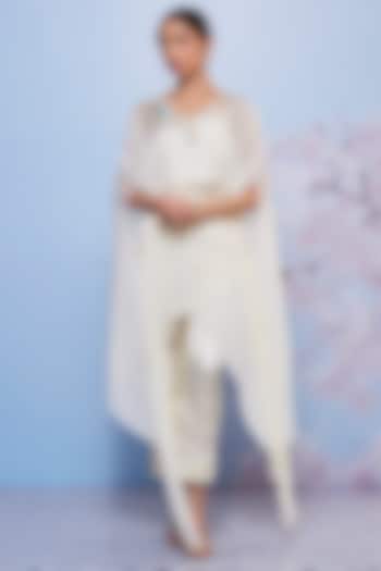 Ivory Chiffon & Cotton Embroidered Cape Set by Ajiesh Oberoi at Pernia's Pop Up Shop
