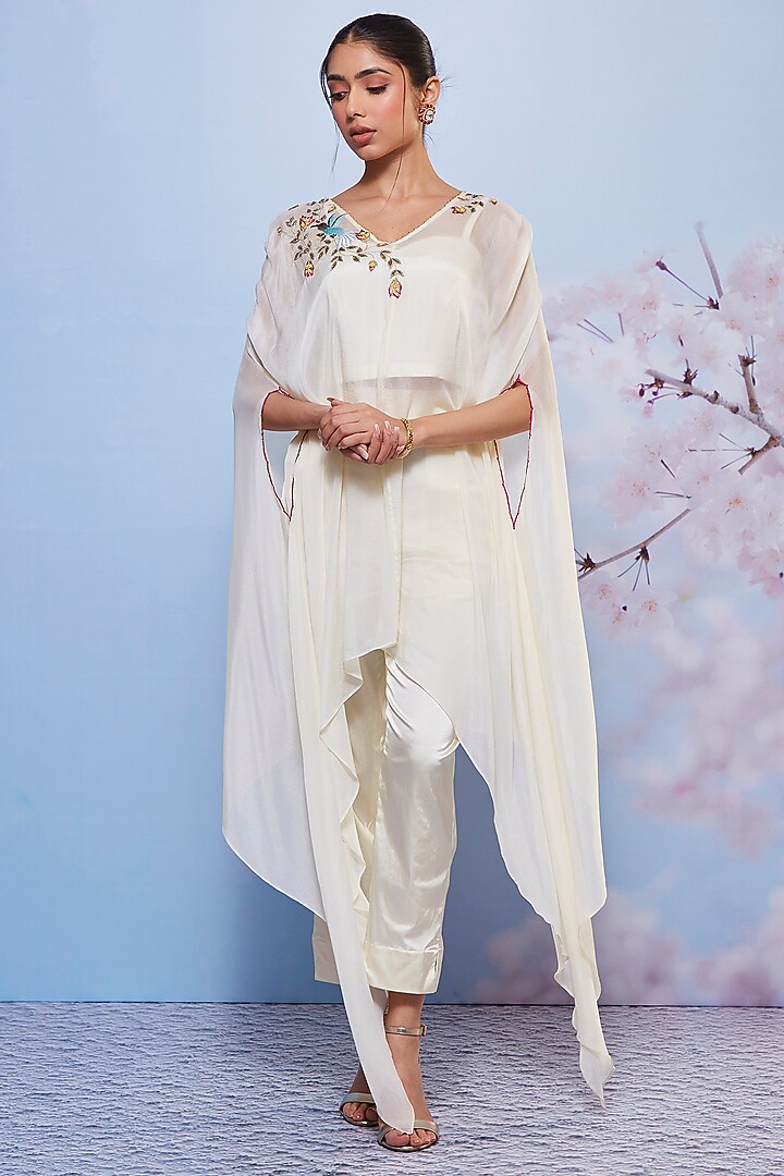 Ivory Chiffon & Cotton Embroidered Cape Set by Ajiesh Oberoi at Pernia's Pop Up Shop