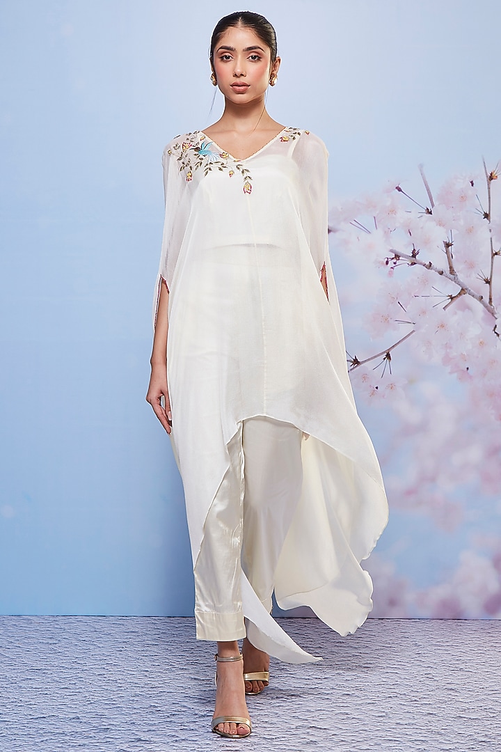 Ivory Chiffon & Cotton Embroidered Cape Set by Ajiesh Oberoi at Pernia's Pop Up Shop