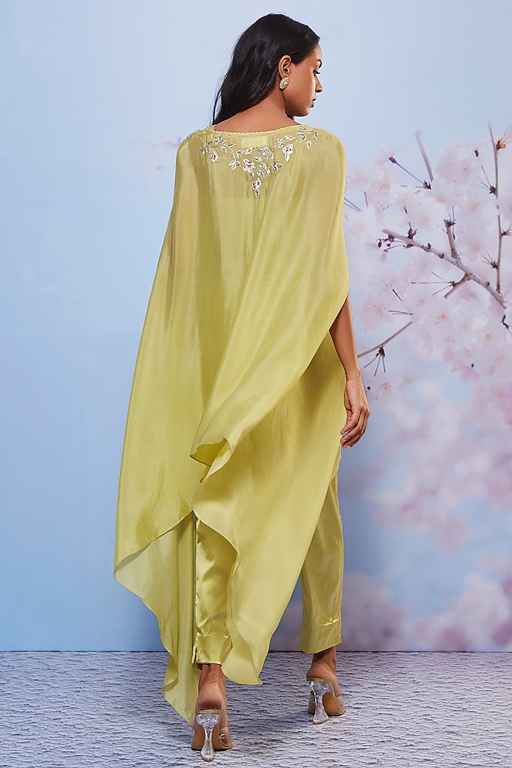Mint Chiffon & Cotton Embroidered Cape Set by Ajiesh Oberoi at Pernia's Pop Up Shop