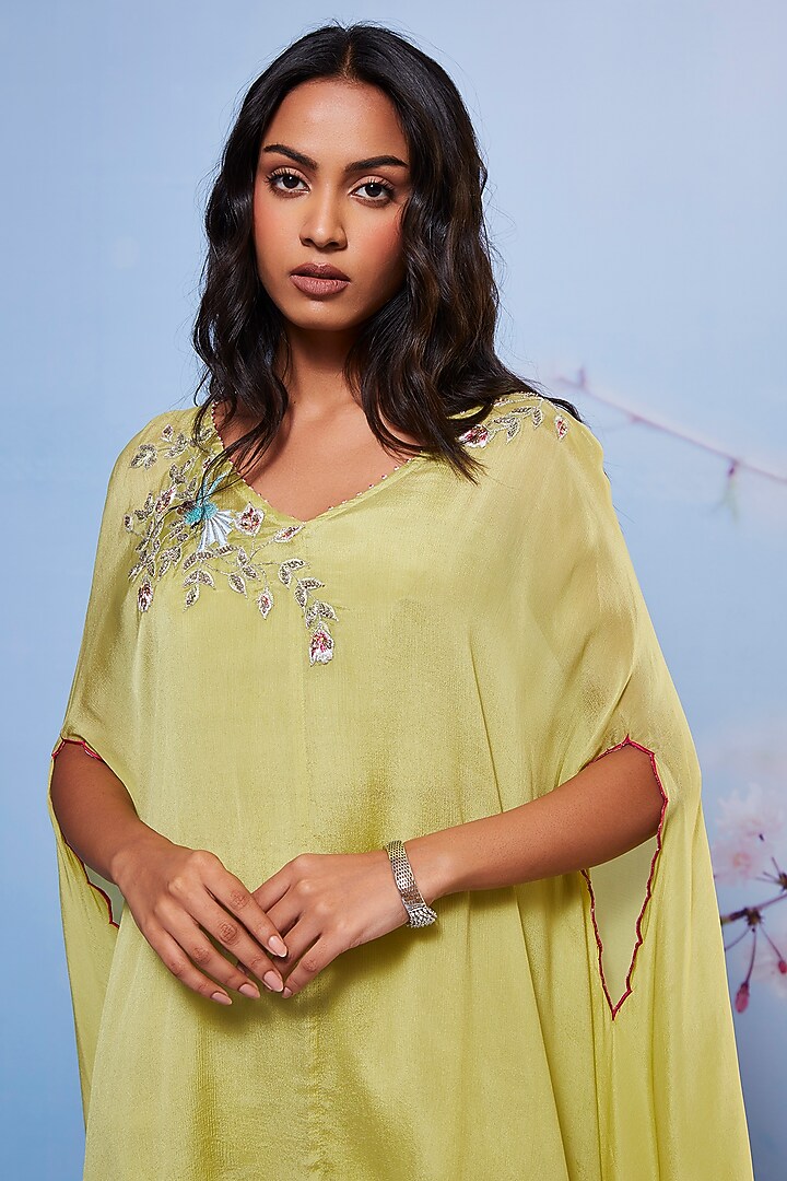 Mint Chiffon & Cotton Embroidered Cape Set by Ajiesh Oberoi at Pernia's Pop Up Shop