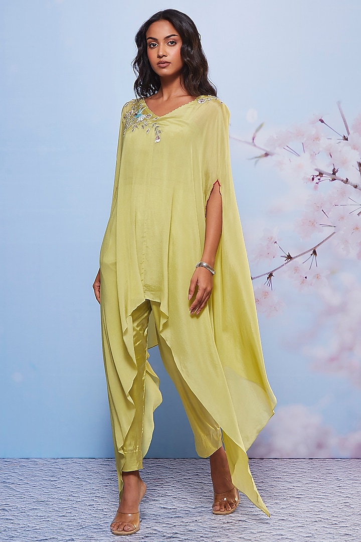 Mint Chiffon & Cotton Embroidered Cape Set by Ajiesh Oberoi at Pernia's Pop Up Shop
