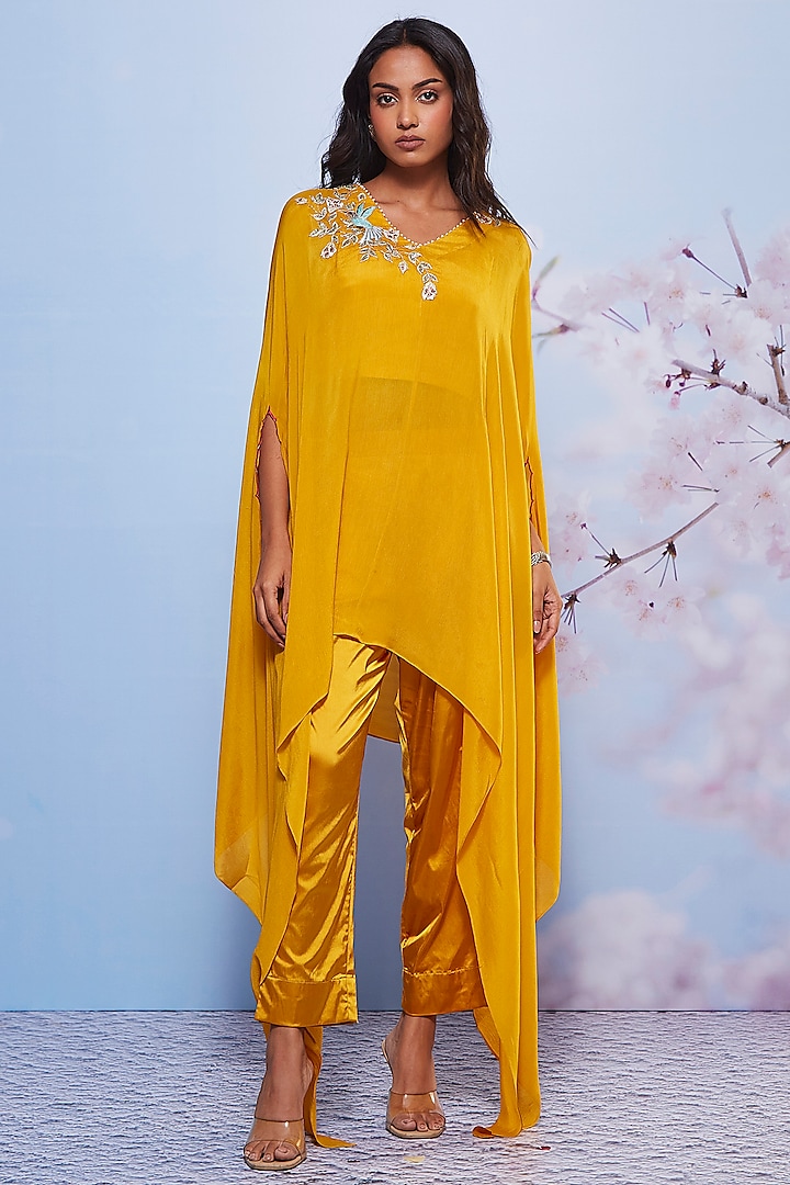 Mustard Chiffon & Cotton Embroidered Cape Set by Ajiesh Oberoi at Pernia's Pop Up Shop