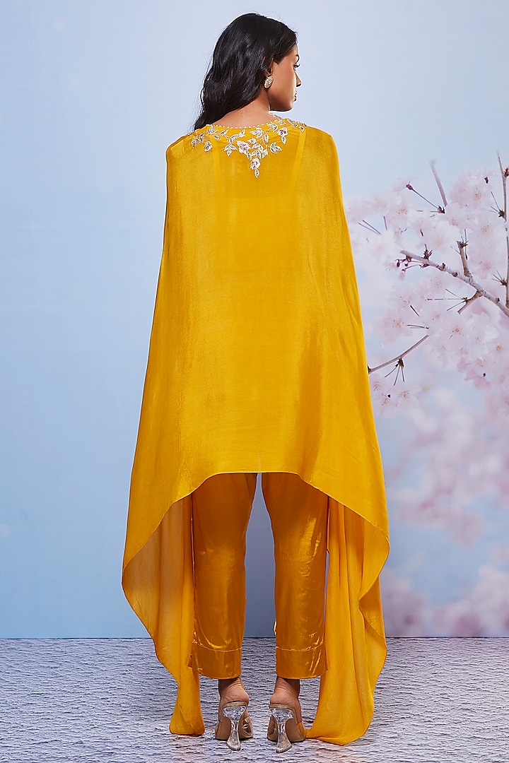 Mustard Chiffon & Cotton Embroidered Cape Set by Ajiesh Oberoi at Pernia's Pop Up Shop