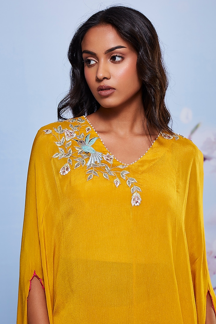 Mustard Chiffon & Cotton Embroidered Cape Set by Ajiesh Oberoi at Pernia's Pop Up Shop