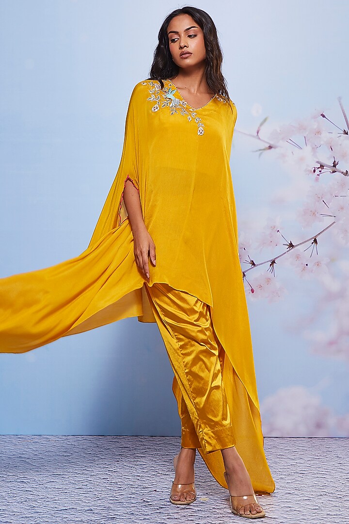 Mustard Chiffon & Cotton Embroidered Cape Set by Ajiesh Oberoi at Pernia's Pop Up Shop