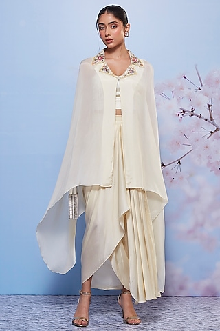 Ivory Chiffon & Modal Skirt Set by Ajiesh Oberoi