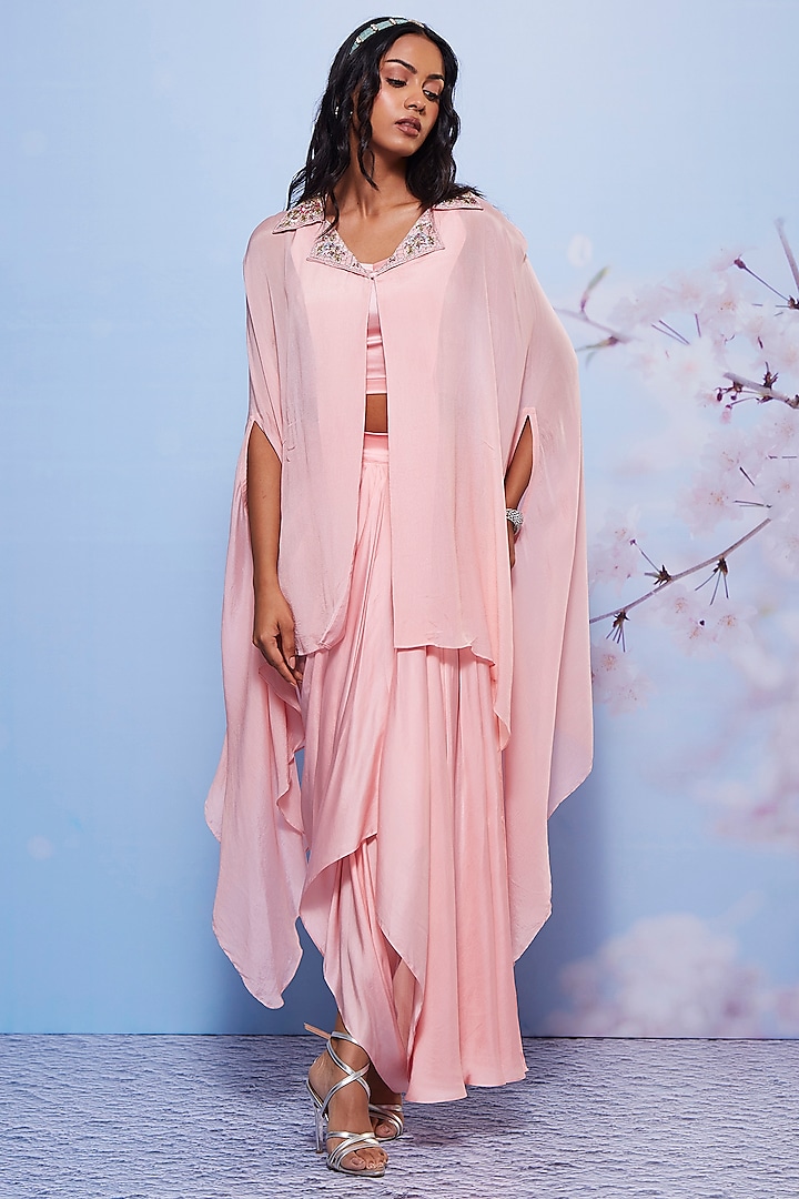 Baby Pink Chiffon & Modal Skirt Set by Ajiesh Oberoi at Pernia's Pop Up Shop