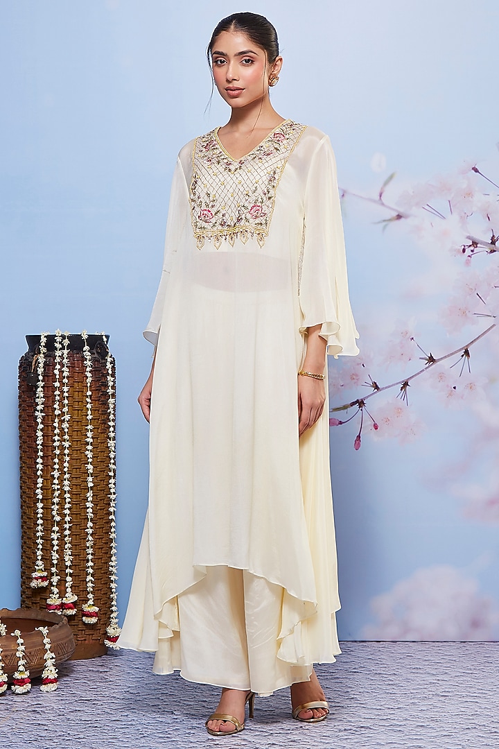 Ivory Chiffon & Cotton Lycra Embroidered Kurta Set by Ajiesh Oberoi