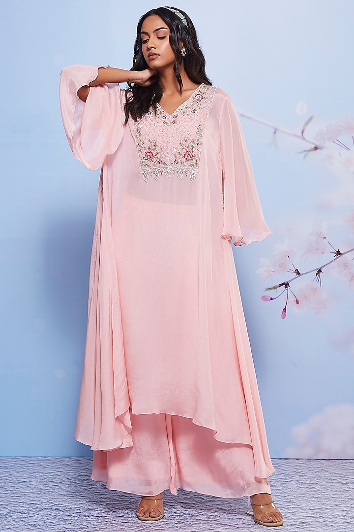 Baby Pink Chiffon & Cotton Lycra Embroidered Kurta Set by Ajiesh Oberoi