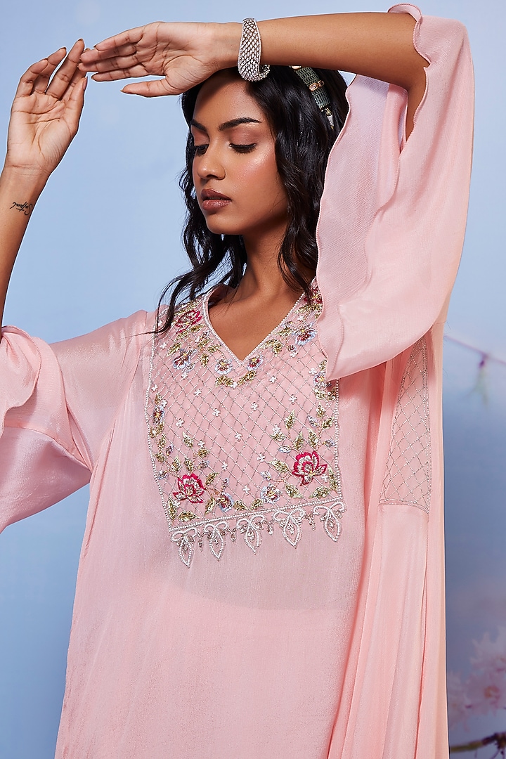 Baby Pink Chiffon & Cotton Lycra Embroidered Kurta Set by Ajiesh Oberoi at Pernia's Pop Up Shop