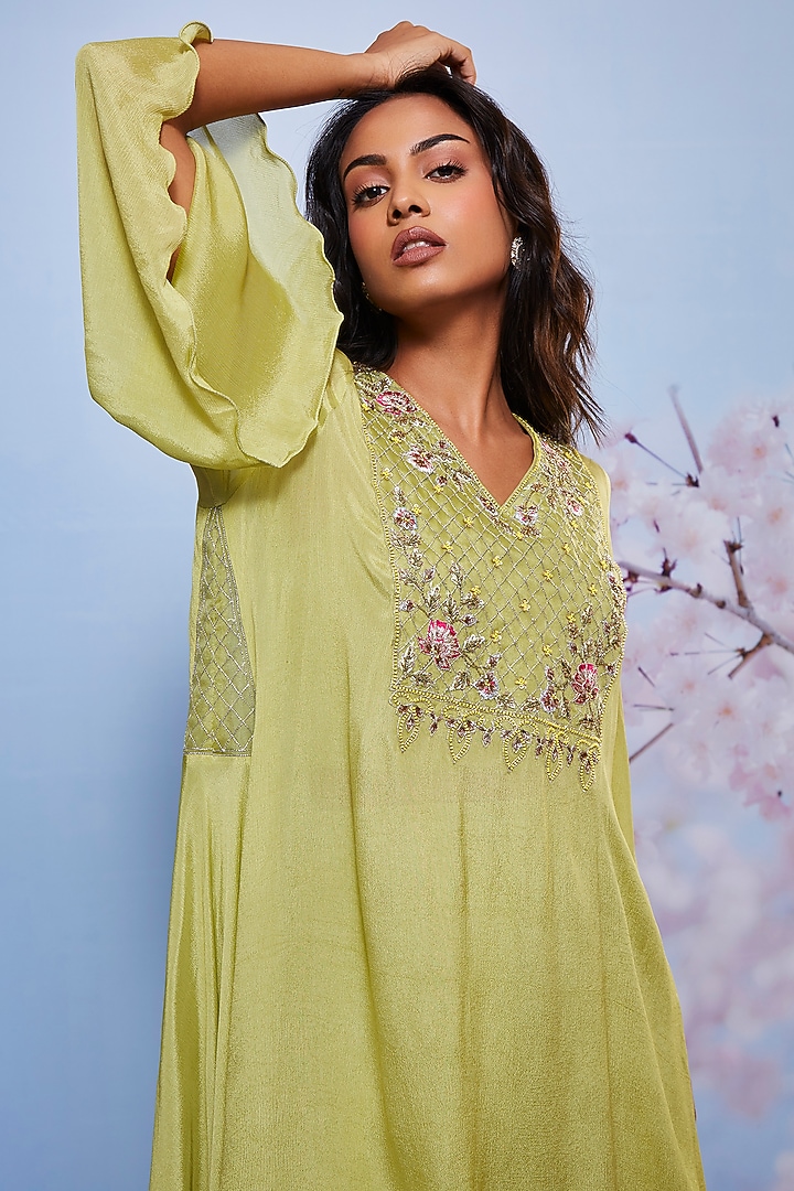 Mint Chiffon & Cotton Lycra Embroidered Kurta Set by Ajiesh Oberoi at Pernia's Pop Up Shop