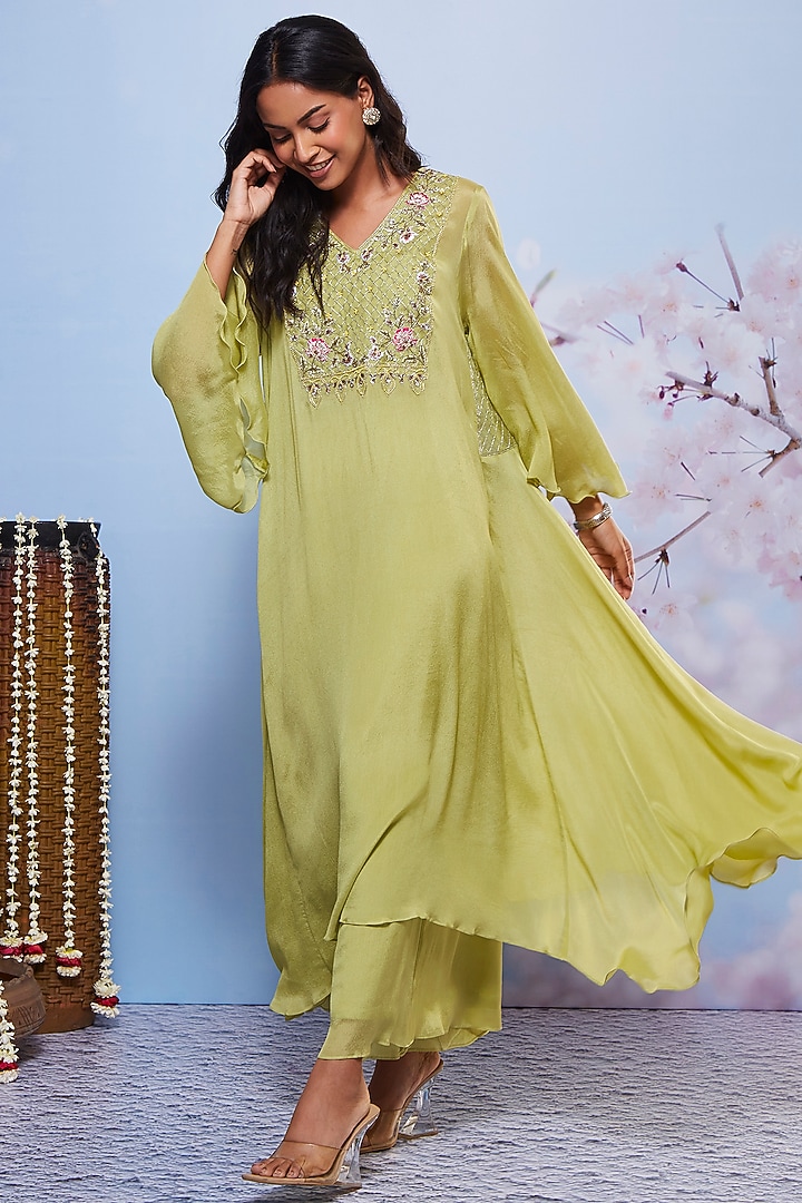 Mint Chiffon & Cotton Lycra Embroidered Kurta Set by Ajiesh Oberoi at Pernia's Pop Up Shop
