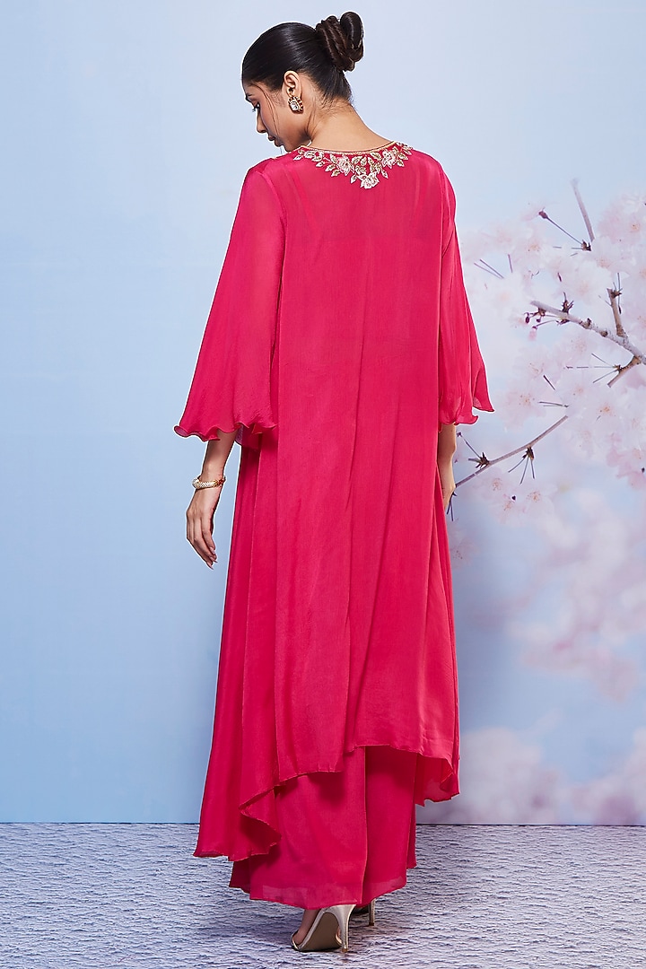 Rani Pink Chiffon & Cotton Lycra Embroidered Kurta Set by Ajiesh Oberoi at Pernia's Pop Up Shop