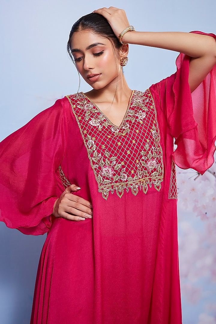 Rani Pink Chiffon & Cotton Lycra Embroidered Kurta Set by Ajiesh Oberoi at Pernia's Pop Up Shop