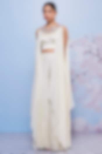 Ivory Chiffon & Satin Lycra Jacket Set by Ajiesh Oberoi at Pernia's Pop Up Shop