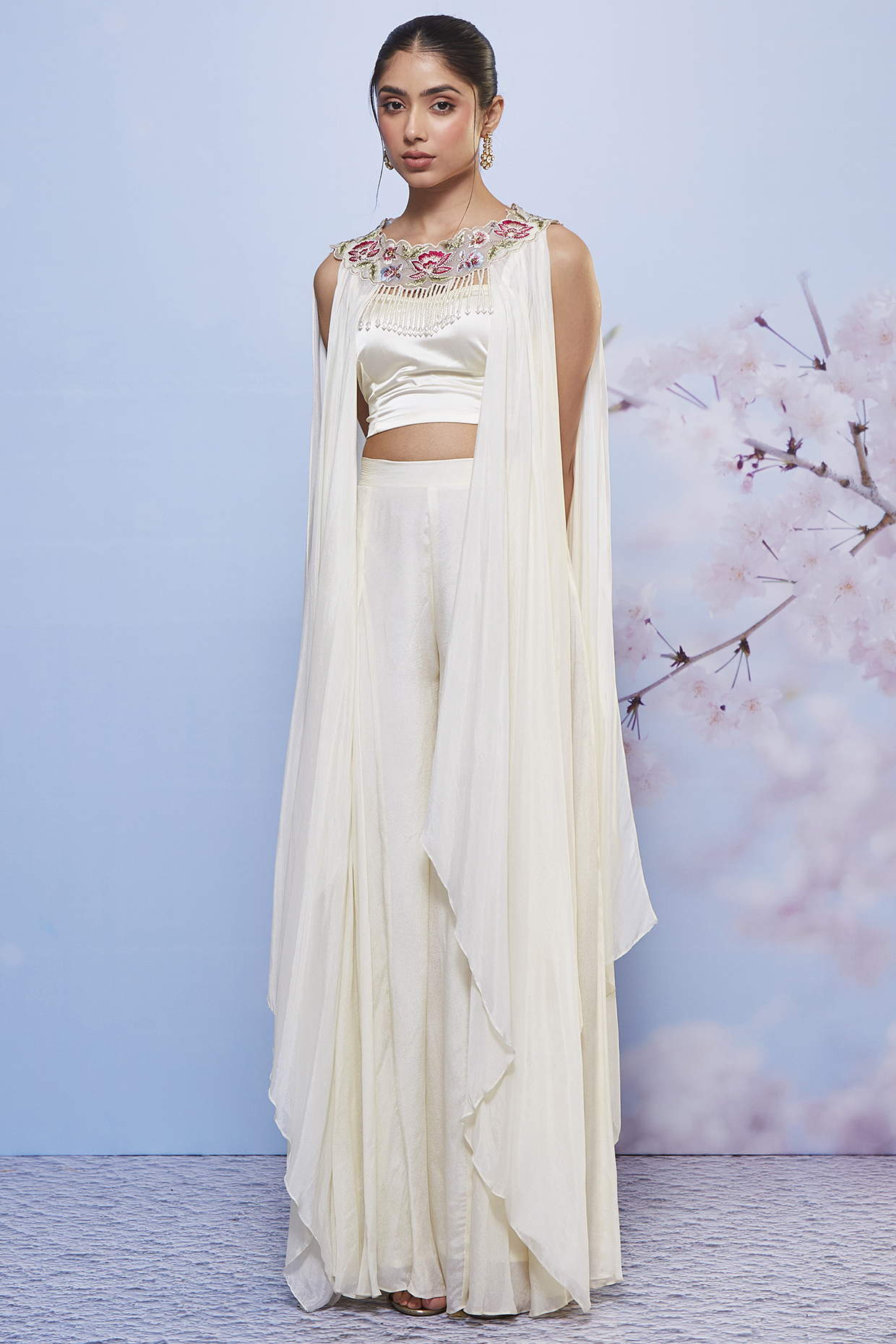 Ivory Chiffon & Satin Lycra Jacket Set by Ajiesh Oberoi at Pernia's Pop Up Shop