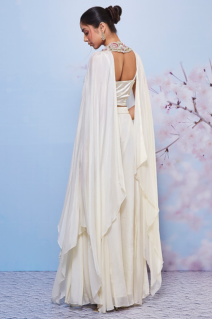 Ivory Chiffon & Satin Lycra Jacket Set by Ajiesh Oberoi at Pernia's Pop Up Shop