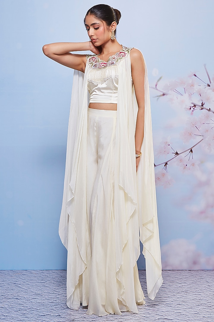 Ivory Chiffon & Satin Lycra Jacket Set by Ajiesh Oberoi at Pernia's Pop Up Shop