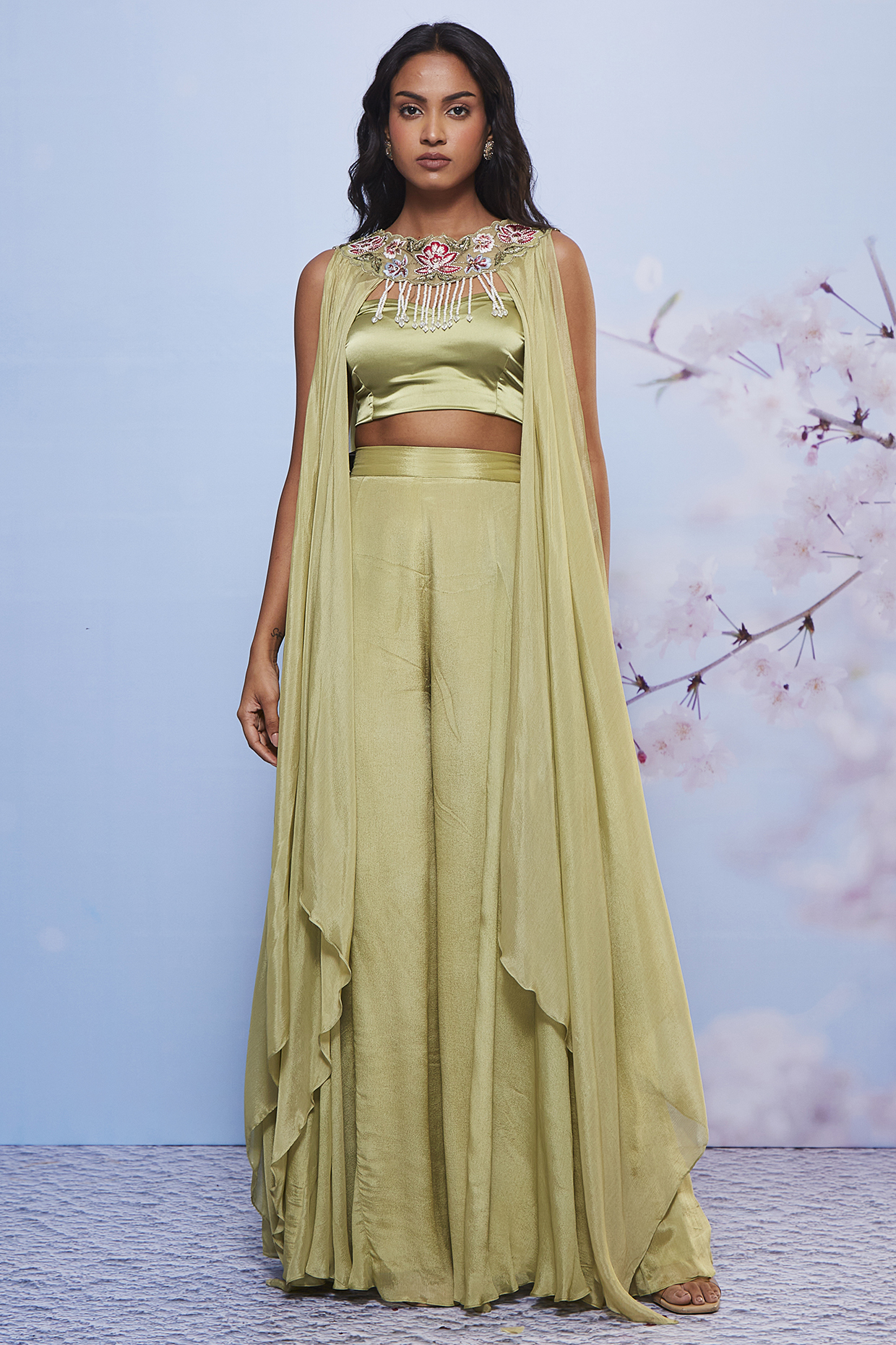 Mint Chiffon & Satin Lycra Jacket Set by Ajiesh Oberoi at Pernia's Pop Up Shop