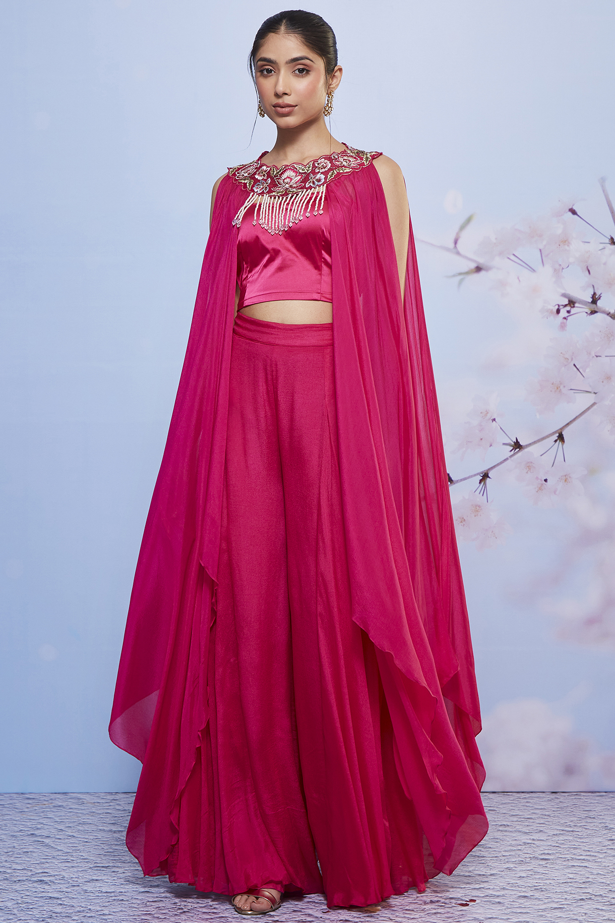 Rani Pink Chiffon & Satin Lycra Jacket Set by Ajiesh Oberoi at Pernia's Pop Up Shop