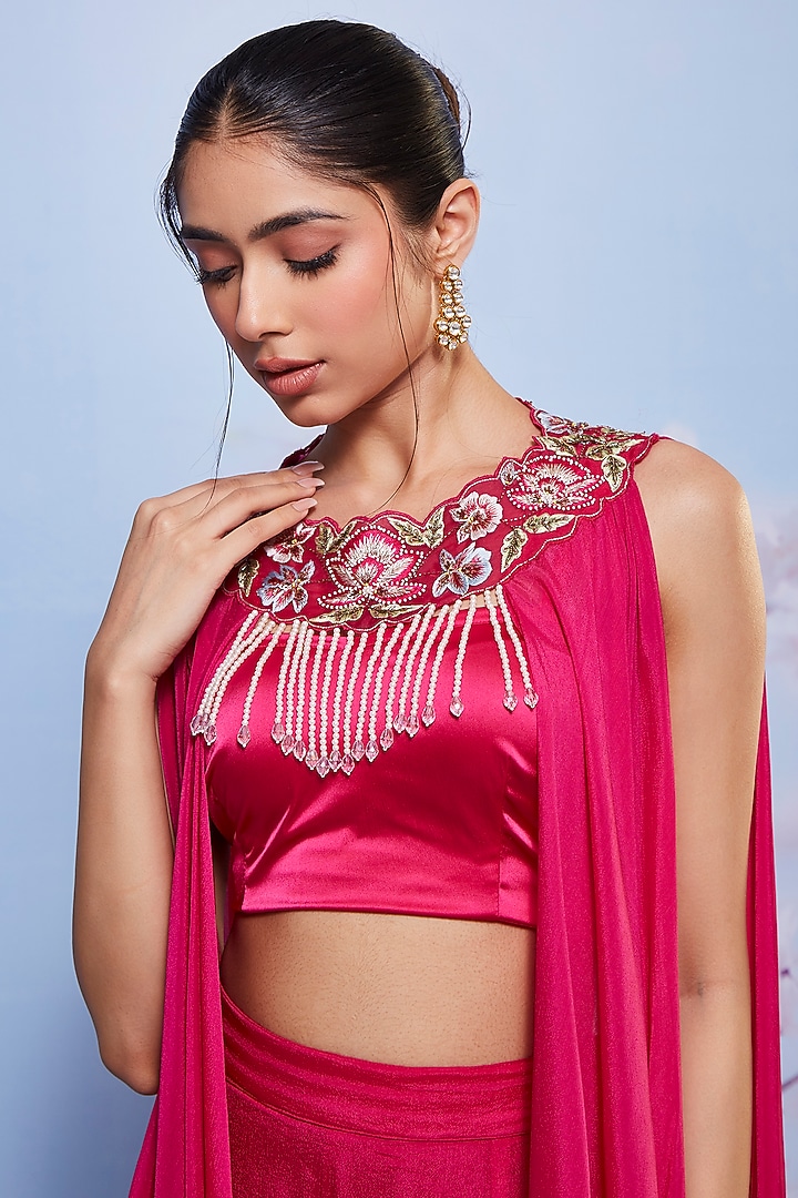 Rani Pink Chiffon & Satin Lycra Jacket Set by Ajiesh Oberoi at Pernia's Pop Up Shop