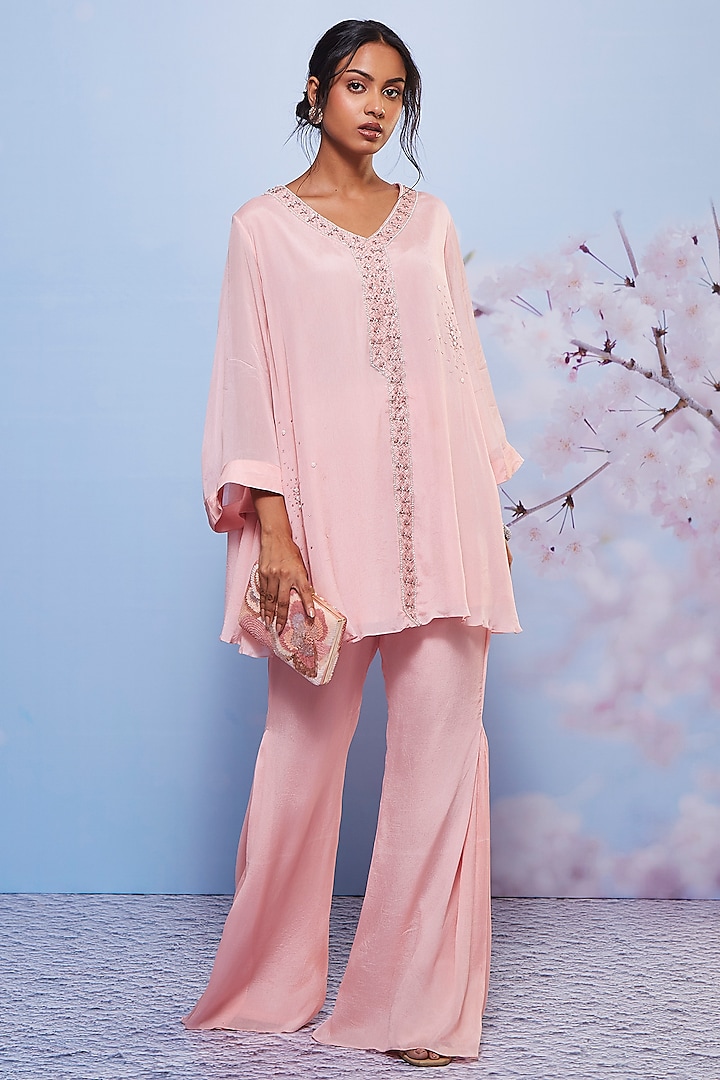 Baby Pink Chiffon Embroidered Tunic Set by Ajiesh Oberoi at Pernia's Pop Up Shop