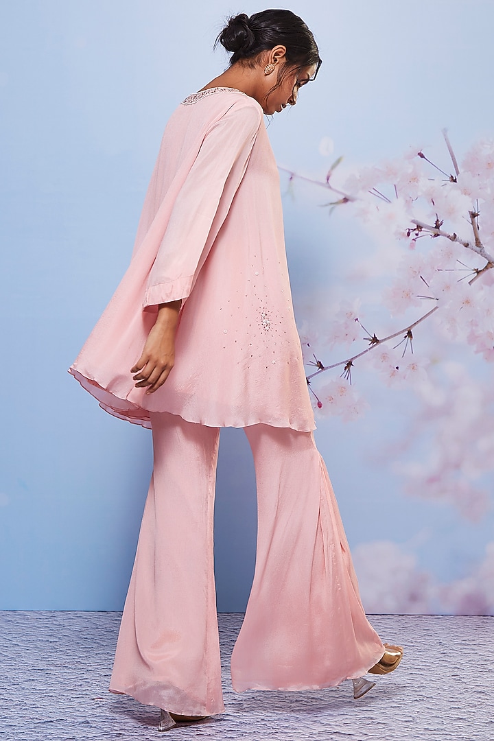 Baby Pink Chiffon Embroidered Tunic Set by Ajiesh Oberoi at Pernia's Pop Up Shop