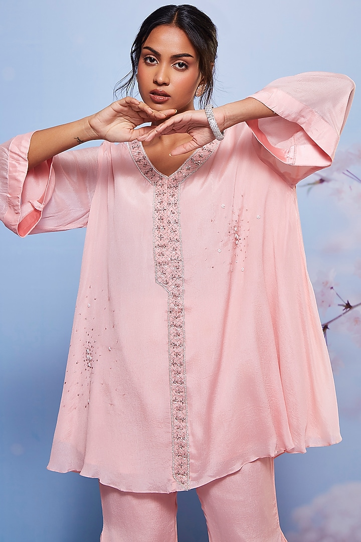 Baby Pink Chiffon Embroidered Tunic Set by Ajiesh Oberoi at Pernia's Pop Up Shop