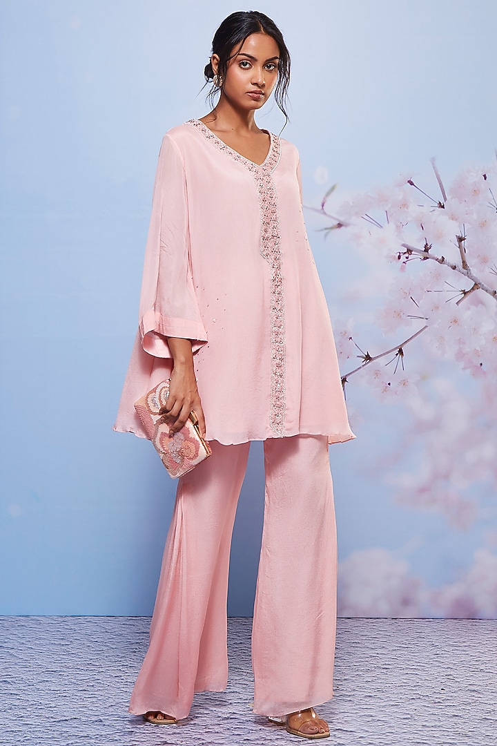 Baby Pink Chiffon Embroidered Tunic Set by Ajiesh Oberoi at Pernia's Pop Up Shop