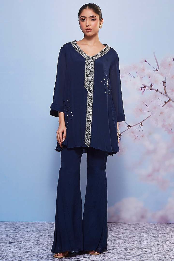 Navy Blue Chiffon Embroidered Tunic Set by Ajiesh Oberoi at Pernia's Pop Up Shop