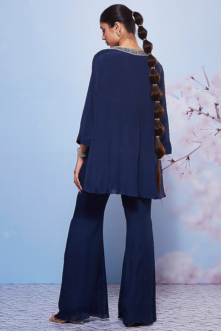 Navy Blue Chiffon Embroidered Tunic Set by Ajiesh Oberoi at Pernia's Pop Up Shop