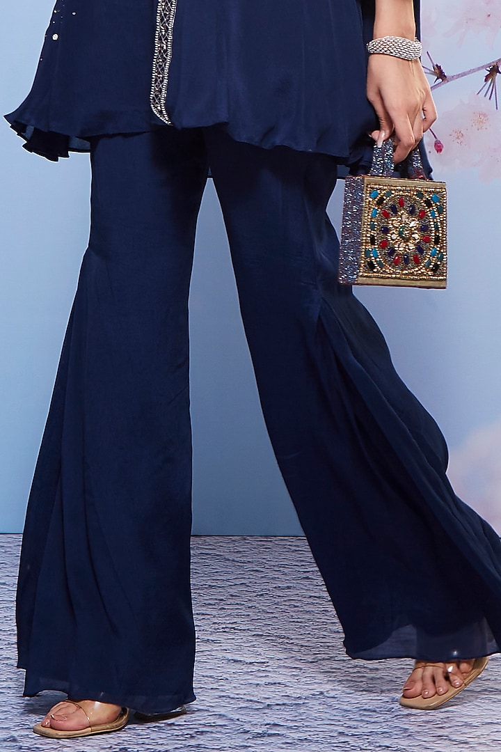 Navy Blue Chiffon Embroidered Tunic Set by Ajiesh Oberoi at Pernia's Pop Up Shop