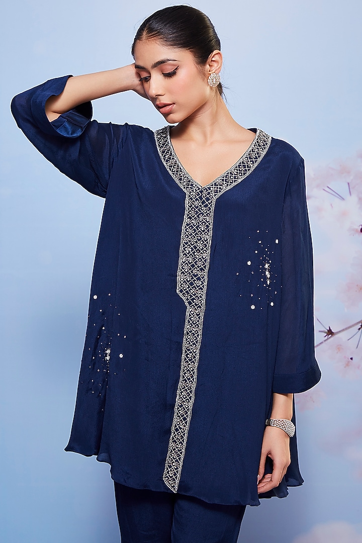 Navy Blue Chiffon Embroidered Tunic Set by Ajiesh Oberoi at Pernia's Pop Up Shop