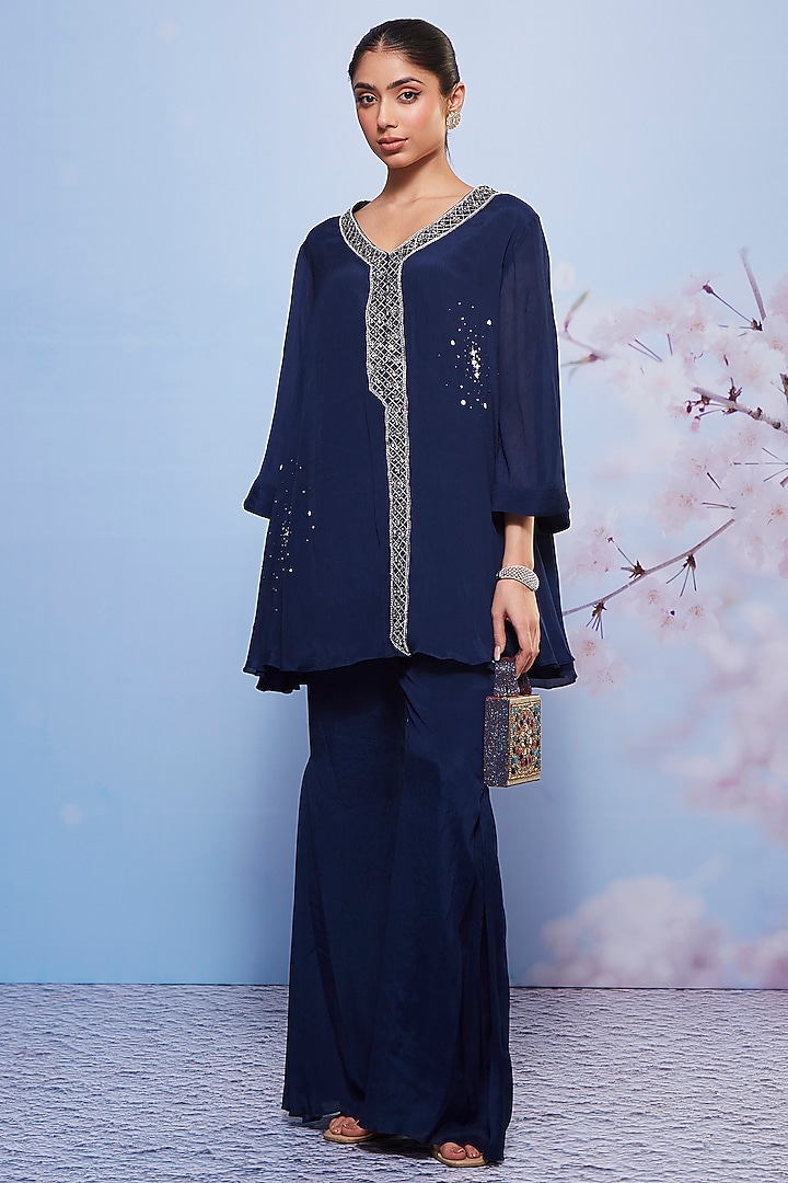 Navy Blue Chiffon Embroidered Tunic Set by Ajiesh Oberoi at Pernia's Pop Up Shop