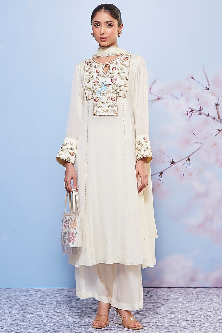 Ivory Chiffon Embroidered Kurta Set by Ajiesh Oberoi