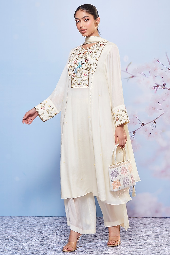 Ivory Chiffon Embroidered Kurta Set by Ajiesh Oberoi at Pernia's Pop Up Shop