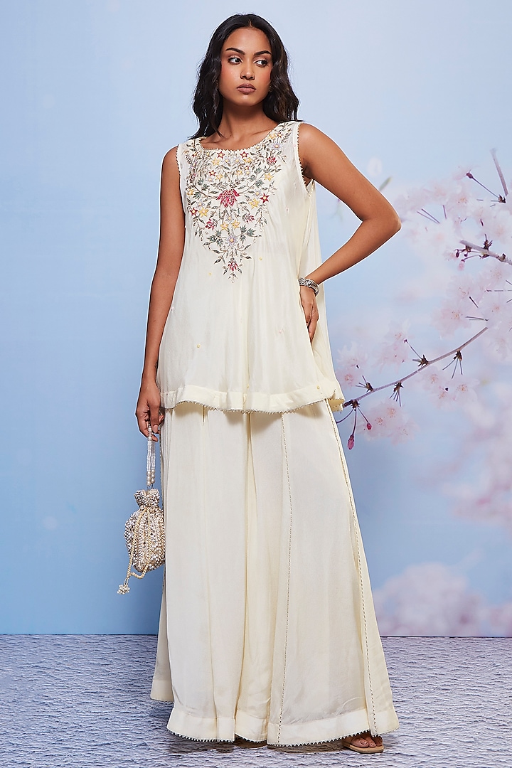 Ivory Chiffon & Cotton Lycra Sharara Set by Ajiesh Oberoi at Pernia's Pop Up Shop