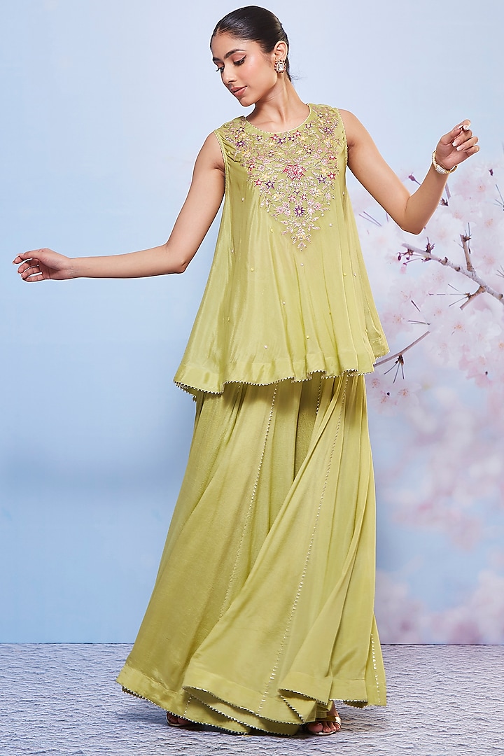Mint Chiffon & Cotton Lycra Party Wear Sharara Set by Ajiesh Oberoi at Pernia's Pop Up Shop