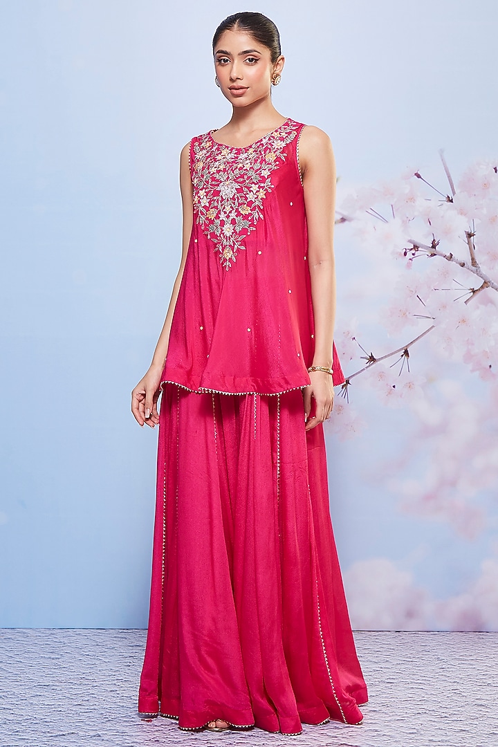 Rani Pink Chiffon & Cotton Lycra Party Wear Sharara Set by Ajiesh Oberoi at Pernia's Pop Up Shop
