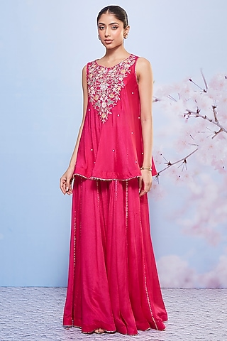 Rani Pink Chiffon & Cotton Lycra Sharara Set by Ajiesh Oberoi
