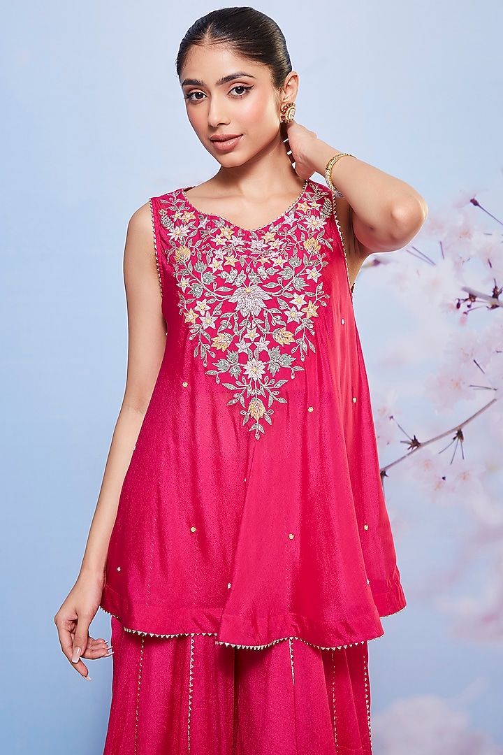 Rani Pink Chiffon & Cotton Lycra Party Wear Sharara Set by Ajiesh Oberoi at Pernia's Pop Up Shop
