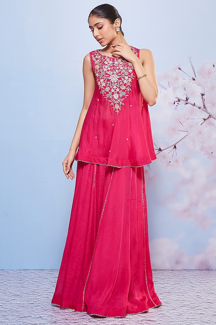 Rani Pink Chiffon & Cotton Lycra Party Wear Sharara Set by Ajiesh Oberoi at Pernia's Pop Up Shop