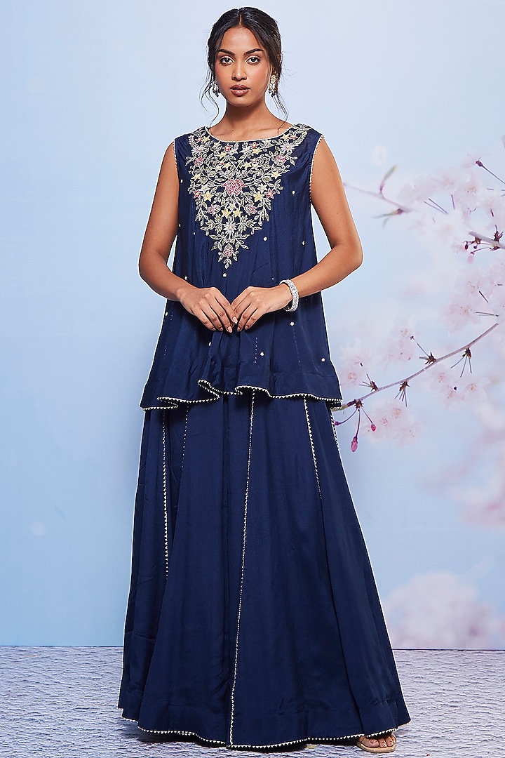 Navy Blue Chiffon & Cotton Lycra Party Wear Sharara Set by Ajiesh Oberoi at Pernia's Pop Up Shop